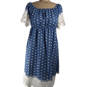 Haute Monde Chambray Polka Dot Lace Trim Dress Off Shoulder Country Glam